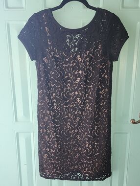 LOFT Black Lace Midi Dress with Nude Lining